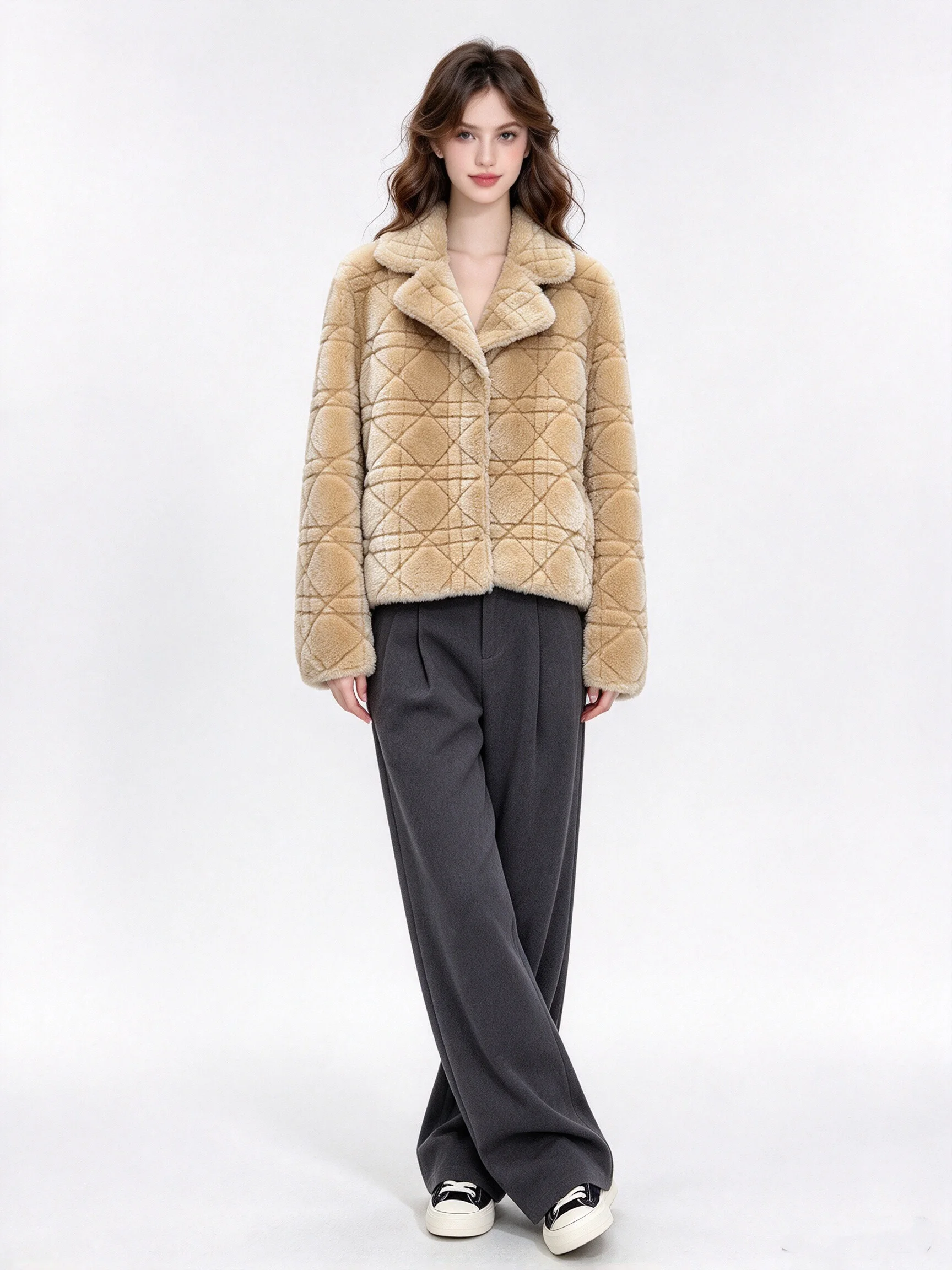 Women Merino Shearling Coat Classic Grid Pattern High-End Genuine Sheepskin Fur Jacket Winter Warm Outerwear