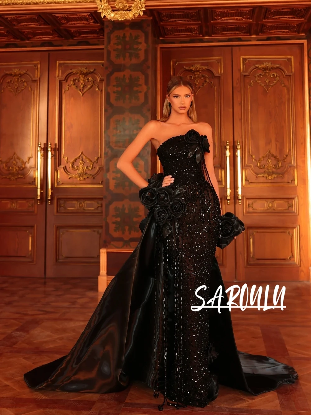 Luxury Black Strapless Prom Dress 3D Rose & Sequins Big Train Fit For Wedding Guest/Red Carpet/Formal Dinner Evening Party Gown