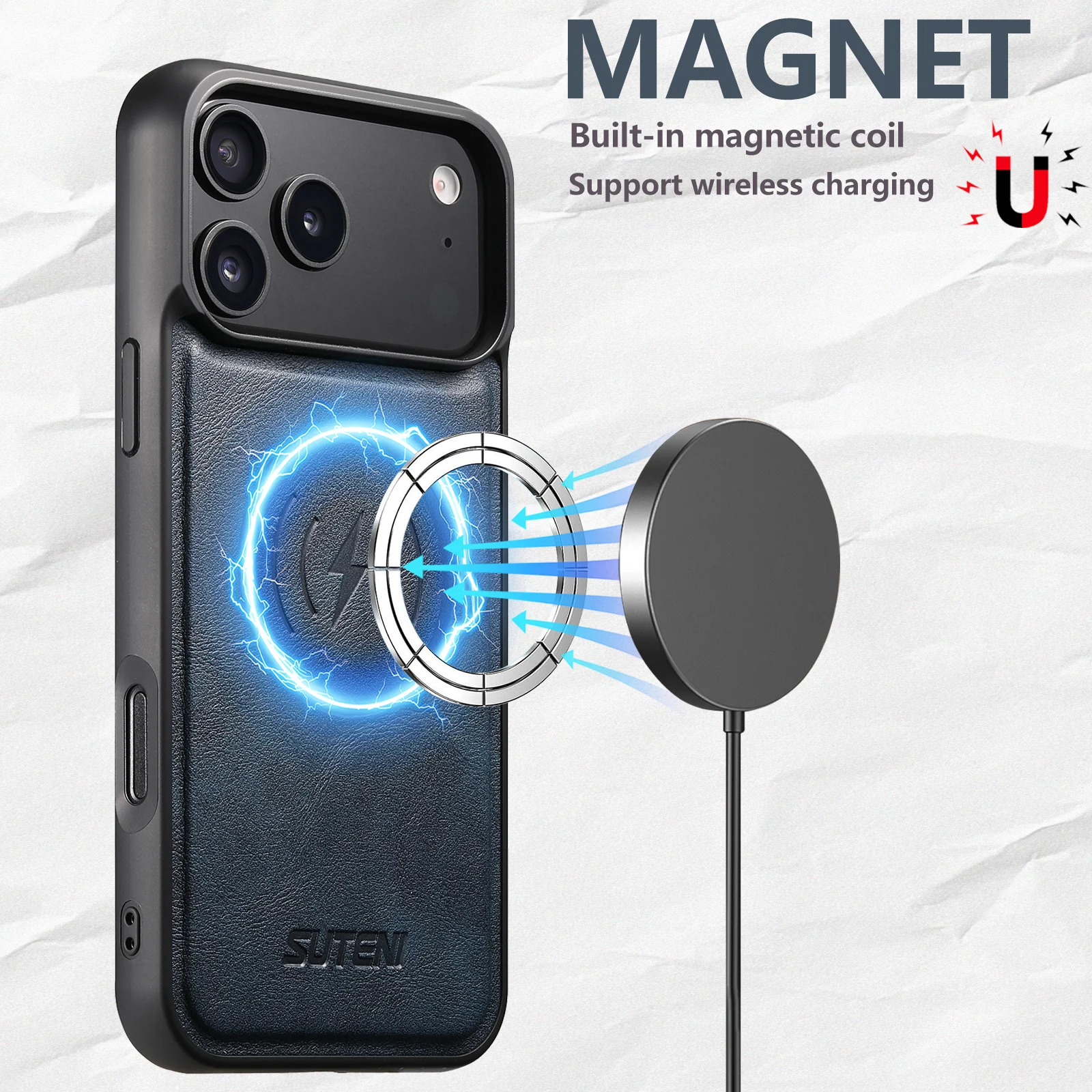 SUTENI Mattierte Kunstleder-Handyhülle mit Magnet und kabelloser Ladefunktion für iPhone 18 Pro Max 17 Air 16 Plus 15 14 13 12 – Detail 4