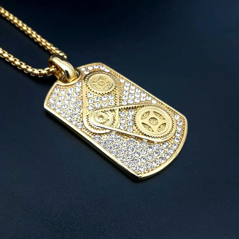 

Hip Hop Rhinestones Paved Bling Iced Out Stainless Steel Gear Chain Pendants Necklaces for Men Rapper Jewelry Drop Shipping