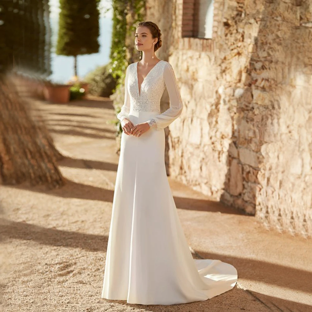 Elegante decote em v vestidos de casamento para mulher 2022 inverno mangas compridas ilusão voltar boho laço vestidos de noiva robe de mariée