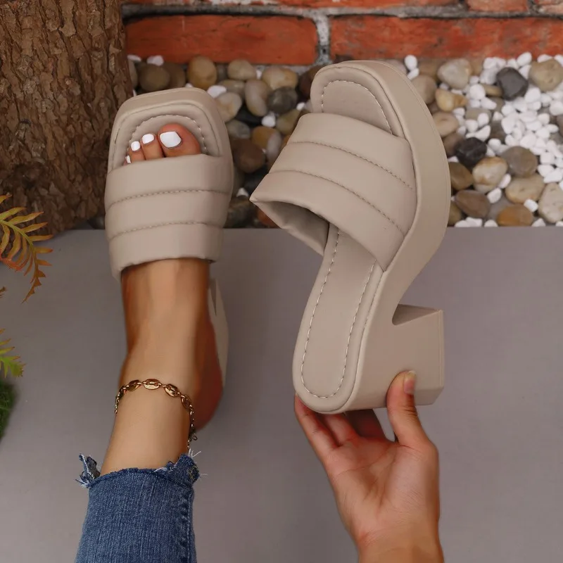 Zapatillas con cabeza cuadrada y tacón grueso para mujer, prendas de vestir de verano, sandalias a rayas de tacón alto, novedad de 2024