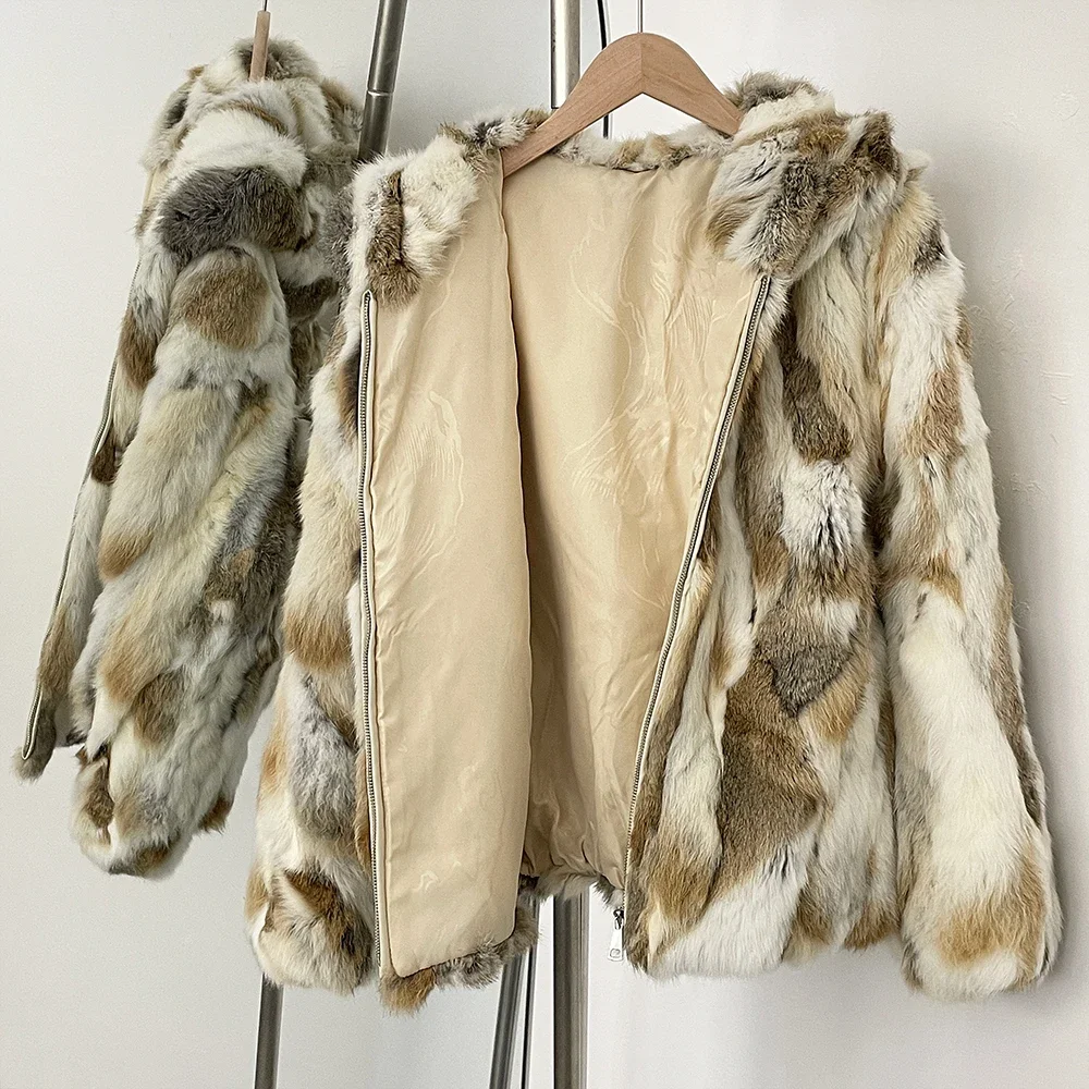 Natürliche Kaninchen Fell Jacke Dame Mode Herbst Winter Luxus Frauen Warm Zipper Mit Kapuze Verdickt Echtpelz Realität Pelzmantel Weibliche