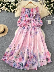 France Elegant Vintage Evening Dress Women Print Slash Neck Lantern Sleeve Long Party Dress Female Casual Holiday Clothing New