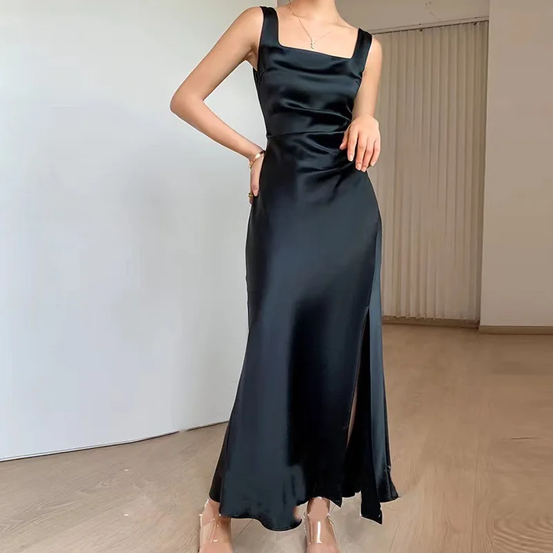 Summer Women Drape Long Sleeveless Acetate Dress Design Office Lady Spring A-line Suspender Dress