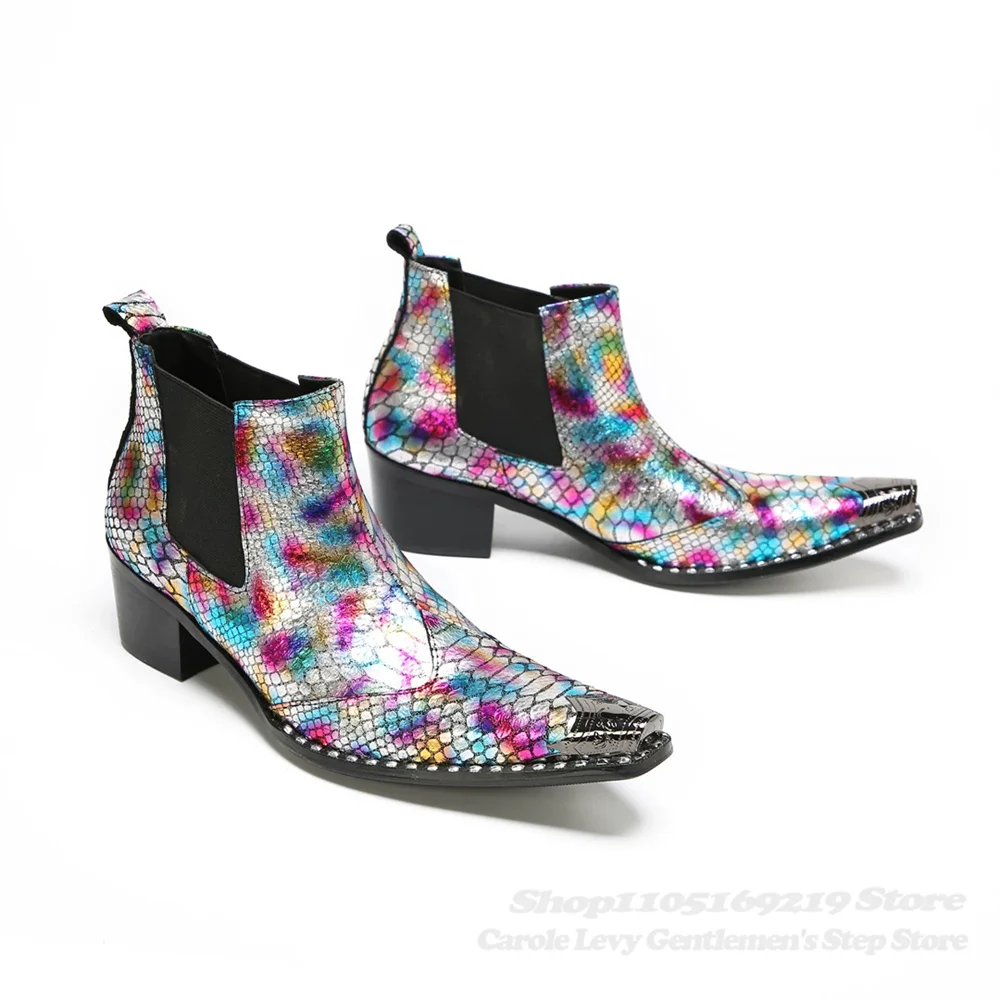 Sharp Pointed Toe Red Ankle Short Boots British Men Trendy Chunky Heel Iron Metal Toe Slip On Rivets Decor High Top Boots