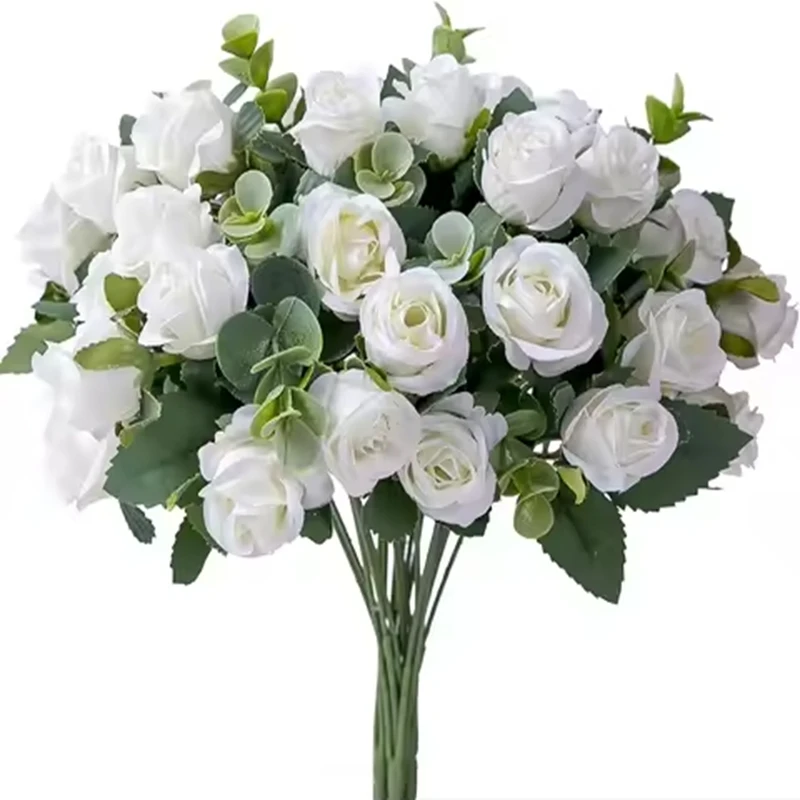 Künstliche Blumen Vase für Home Decor Outdoor Garten Valentinstag Eukalyptus Blätter gefälschte Pflanzen Hochzeit Party Seide Rosen Blumenstrauß