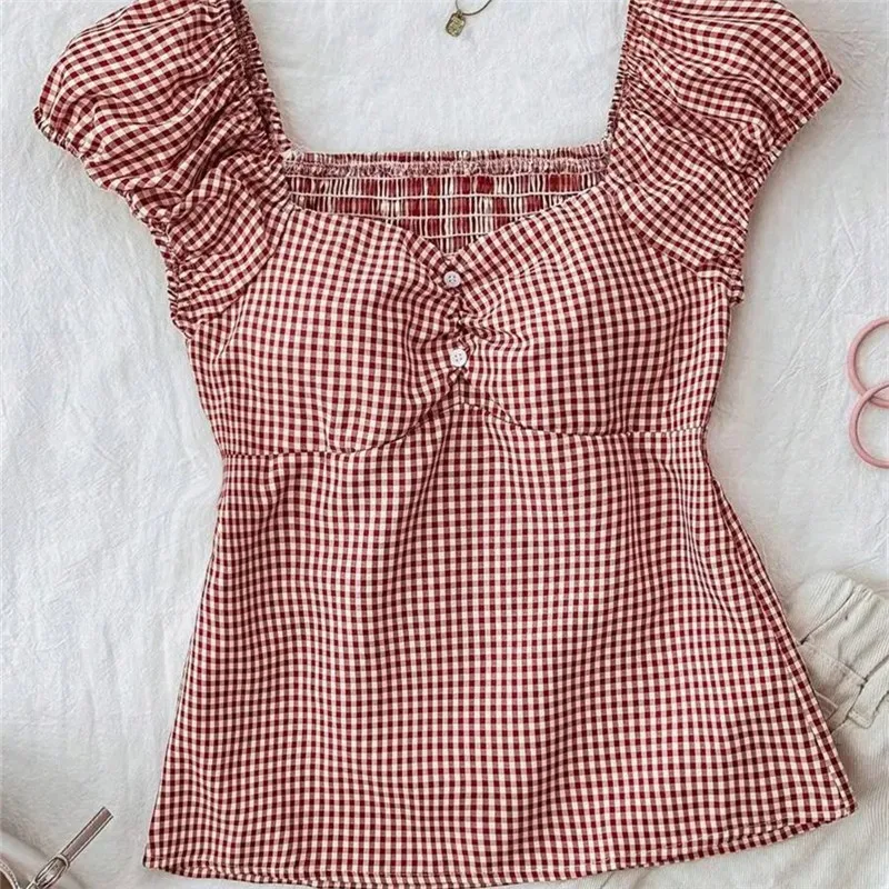 Blusas Casuales de Manga 1/4 para Mujer, Estilo Y2K, con Botones a Cuadros, Escote Corazón, Moda de Verano, Ajuste Delgado, Estilo Vintage Urbano