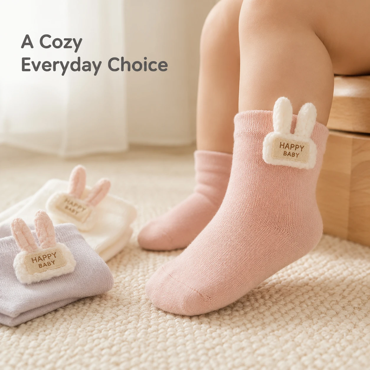 Baby Socks 3D Plush Rabbit Ears Decor Toddler Mid‑Calf Socks Soft Stretchy Newborn Infant Socks 3 Pairs Mixed Pastel Color