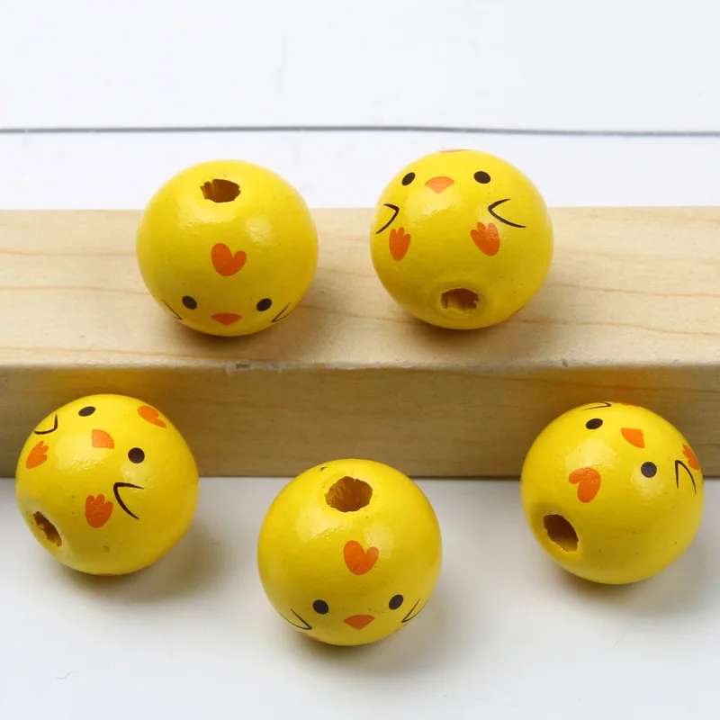 Yellow Round Balls Natural Wooden Beads With Cartoon Animal Pattern Loose Beads For Jewelry Making Diy Jewelry Beads Accessories