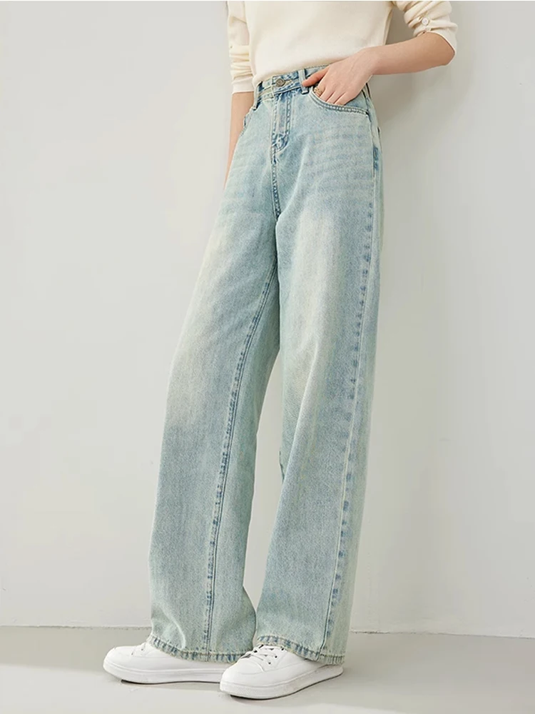 Vimly High Waist Straight Jeans Women 2024 Spring Retro Light Blue Full Length Wide Leg Denim Pant Woman Casual Trousers 72786