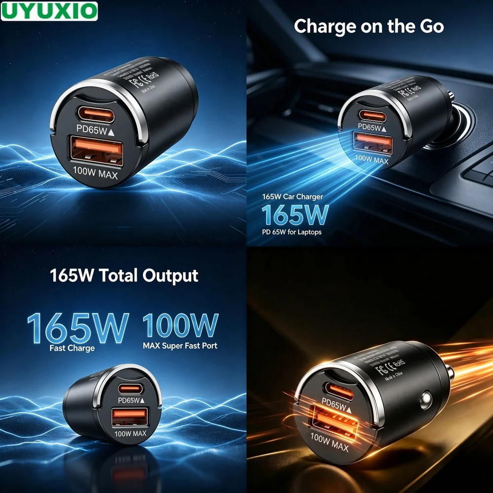 165W Two Port Car Charger Heat Resistant Zinc Alloy Body USB C 65W and USB A 100W Dual Charging for Cars Trucks SUVs and Travel