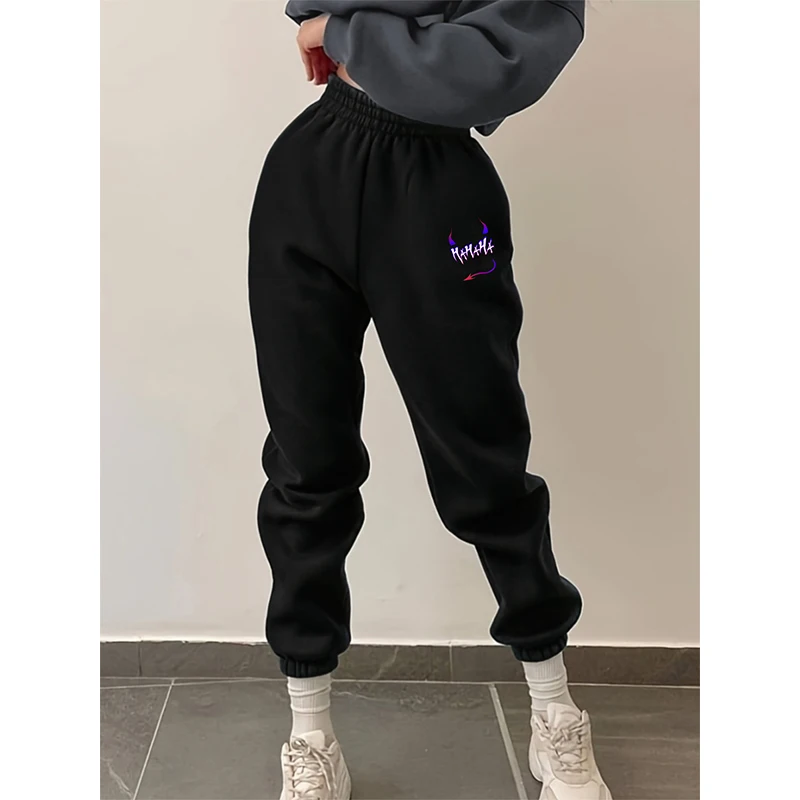 

Fashion Women's Trousers Devil Letter Print Casual Loose Women's Drawstring Pants Elastic Waist Female Pants Street Wear