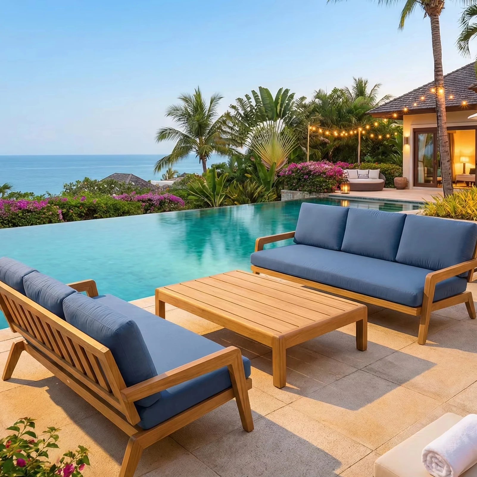 &Modern Durable Outdoor Wood Sofa & Table Set with Waterproof Cushions for Hotel Courtyard Patio Villa-Teak Solid Wood Furniture
