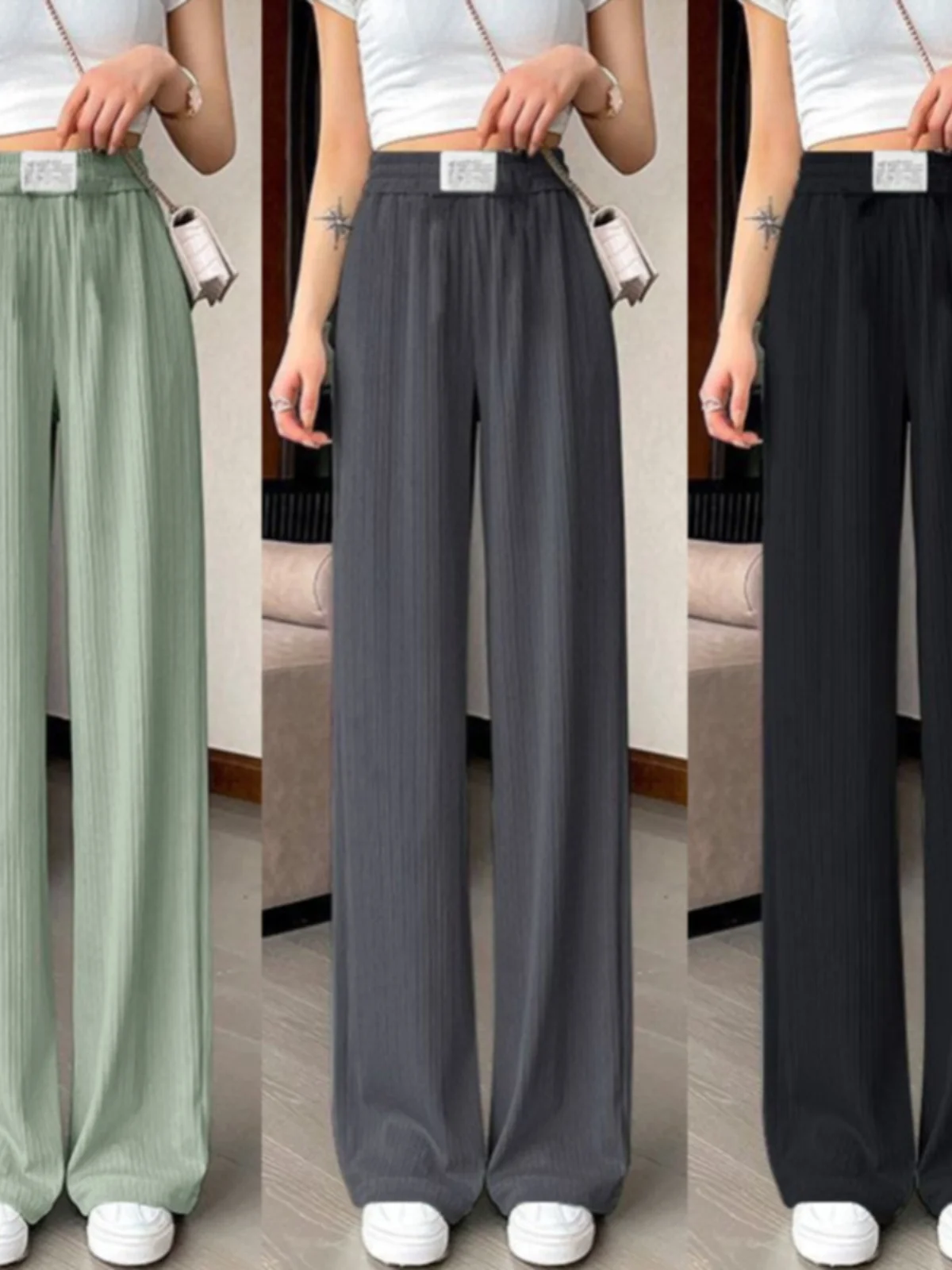 High Quali Ice Silk Wide Leg Pants Women's Summer Thin Casual Loose plus Size Drapey Straight Tube Pants Trendy