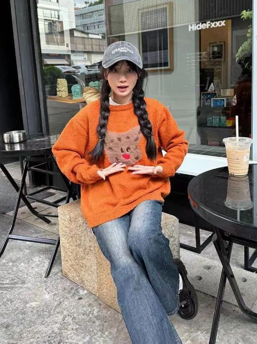 

American Retro Lazy Style Cartoon Jacquard Sweater Women Autumn Winter New Casual Loose Round Neck Versatile Knitted Sweater