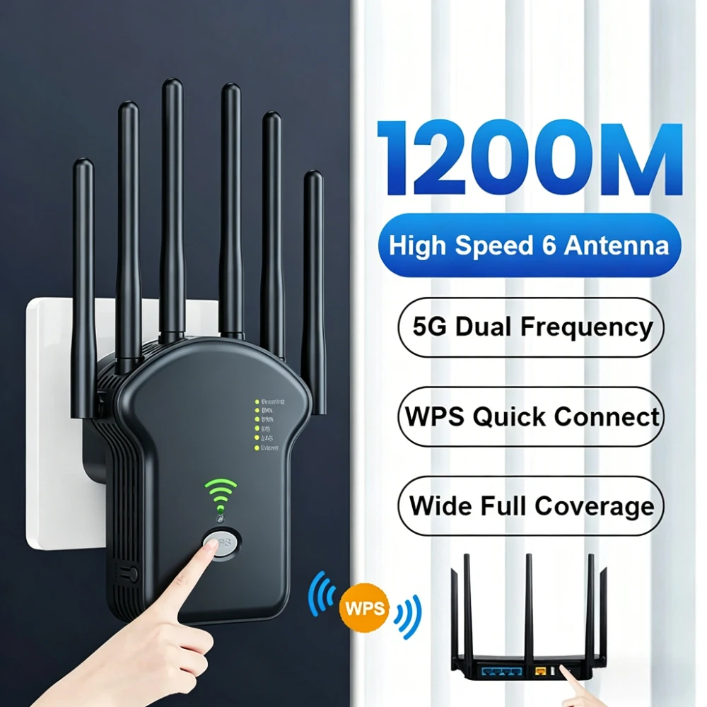 1200Mbps WiFi Repeater 6 Antennas Wireless Extender Long Range Signal Booster Home Network Amplifier