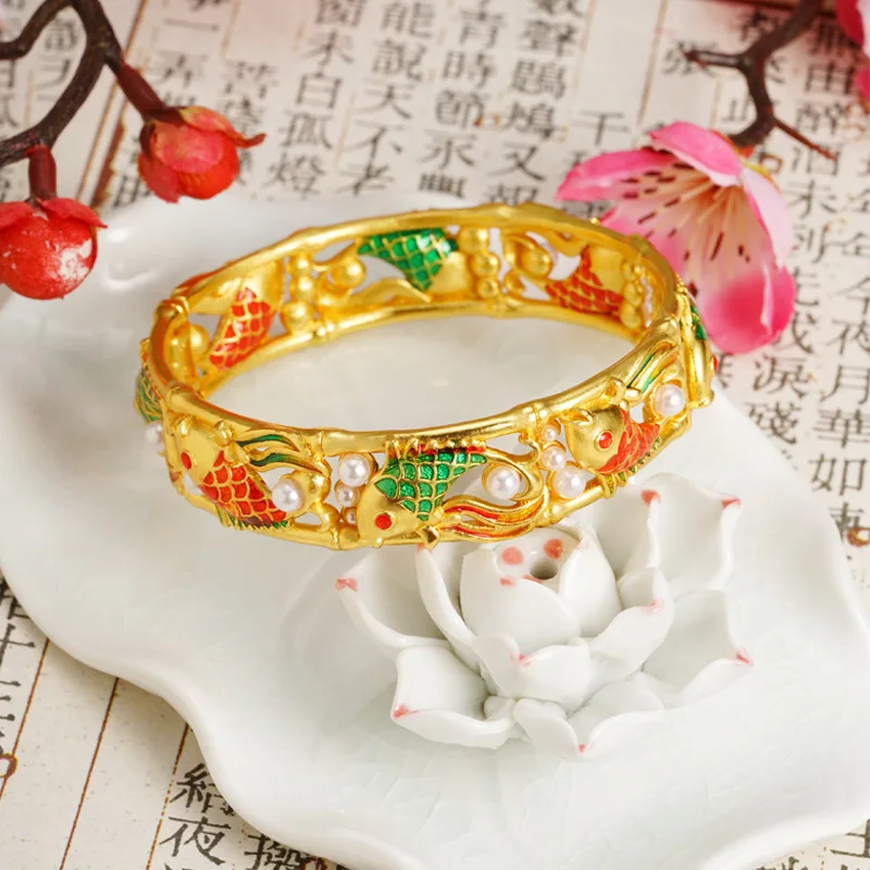 Luxury 24K 9999 Pure Gold real gold Women's enamel hollow pearl mosaic koi buckle bracelet - Image 2