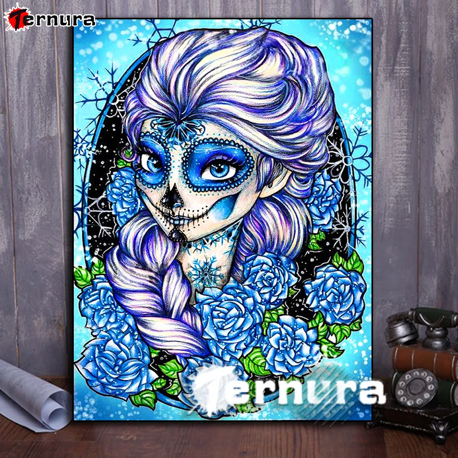 Cartoon fairy girl Diamond Painting Sugar Skull Girl Blue Flower Snow DIY 5D Diamond Embroidery Cross stitch Rhinestones Mosaic