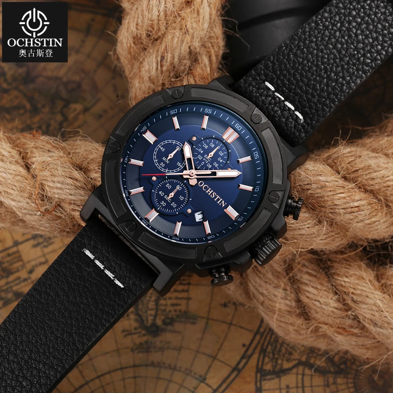 OCHSTIN Man Multifunctional Quartz Movement Watches Men's Genuine Leather Business Waterproof Mineral Hardened Glass Wristwatch