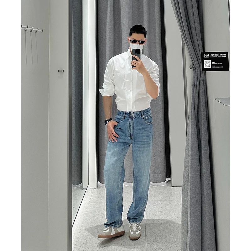 

Light Blue Curved Blade Men's Jeans High Street Loose Straight Leg Cleanfit Slimming Cool Trendy Streetwear Denim Jeans