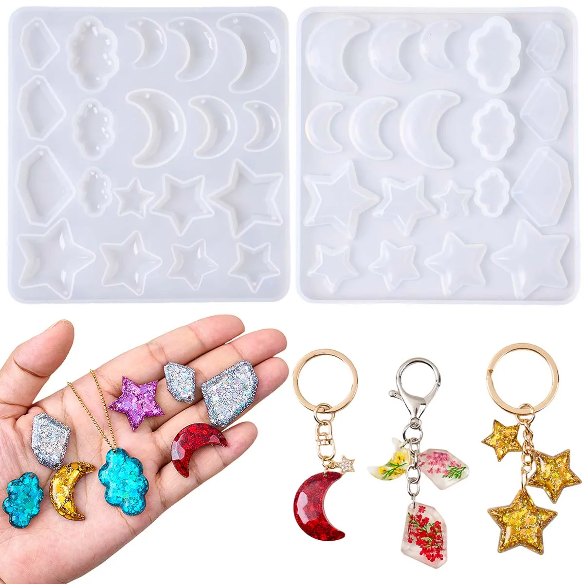 Earring Resin Silicone Mold DIY with Hole Crystal Epoxy Resin Star Moon Cloud Shape Keychain Pendant Necklace Jewelry Molds