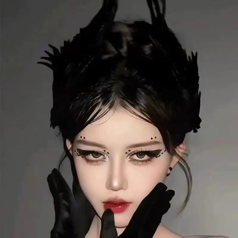 수제 코스프레 고딕 로리타 천사 날개 머리핀 악마 머리 장식 하라주쿠 뿔 자수 깃털 헤어 클립 애니메이션 액세서리