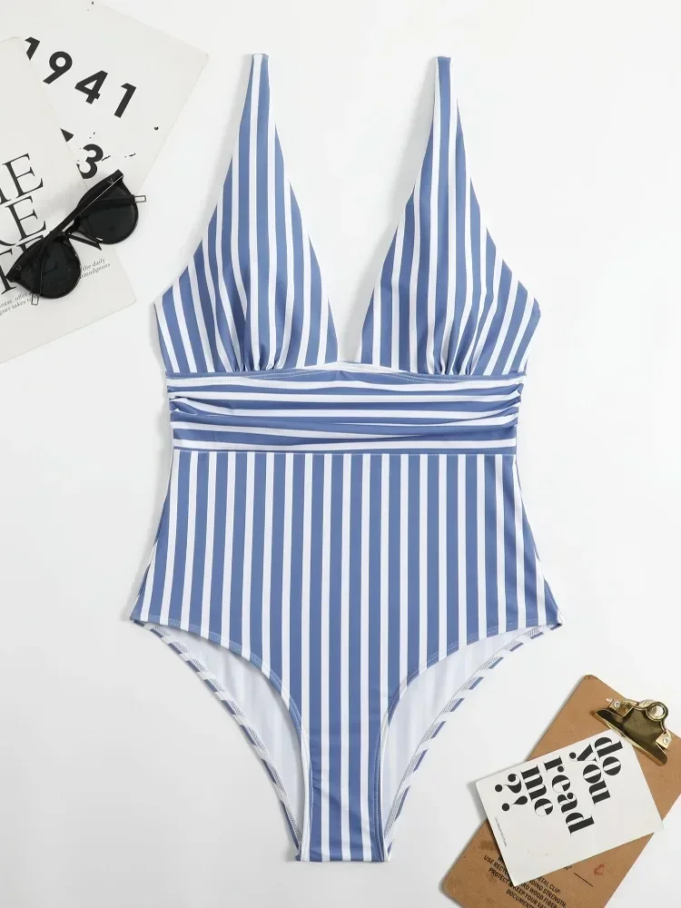 Sexy Striped One Piece Swimsuit Women Plunge Swimwear Tummy Control Bathing Suits Beach Wear Monokini Swimming Suit Blue Black