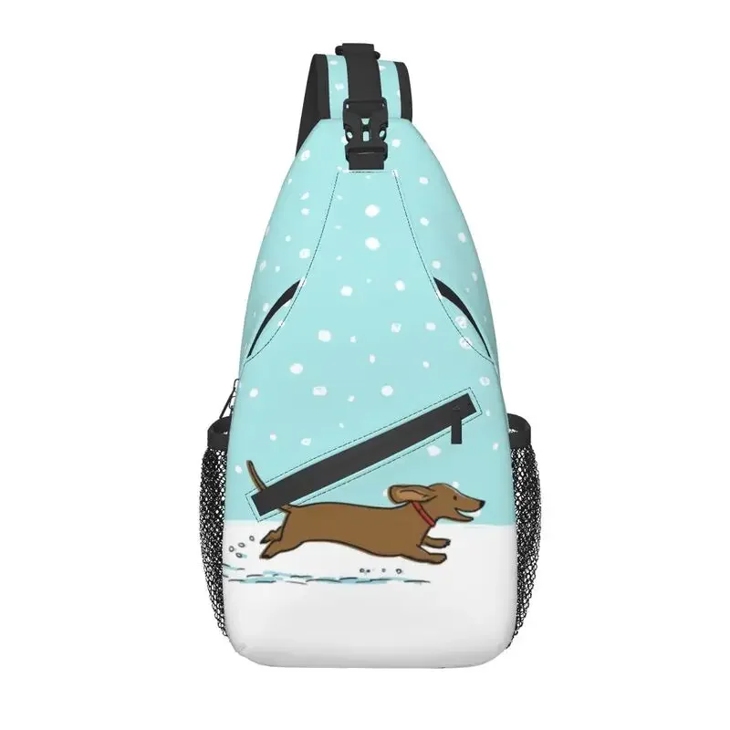 Casual Happy Holiday Snow Dachshund Sling Bag for Travel Hiking Men's Cute Wiener Dog Crossbody Chest Backpack Shoulder Daypack