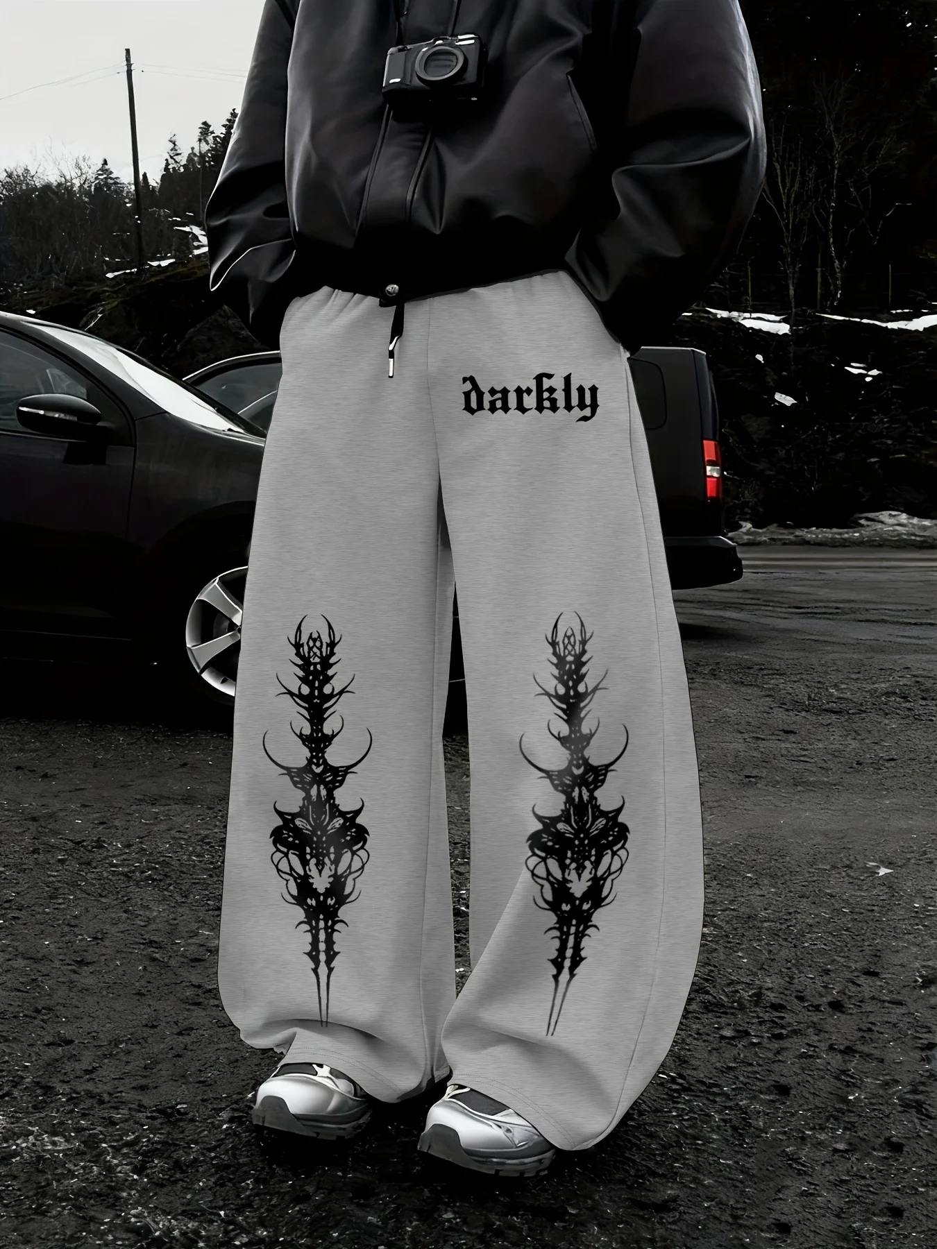 Men Gothic Vertical Graphic Wide Leg Sweatpants Drawstring Loose Straight Baggy Y2K Dark Punk Streetwear Pants.