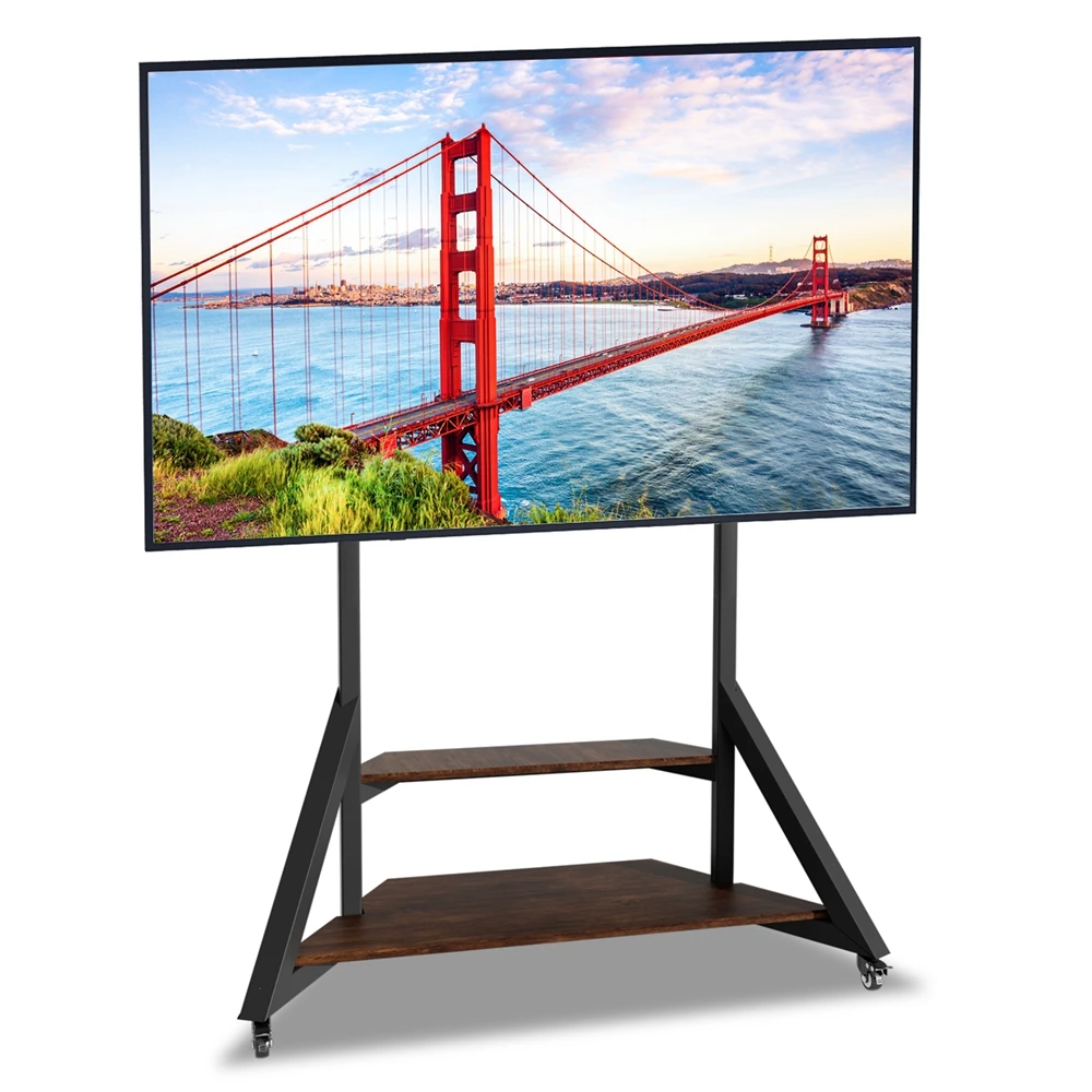 Rolling Floor TV Stand Height Adjustable with 2 Wooden Shelves and Wheels Max Load 80KG for 40-75 LCD LED
