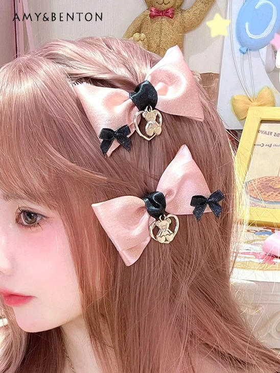 

Lolita Sweet Bow Cute Accesorios Para El Cabello Japanese Kawaii Cartoon Pendant Vintage Patchwork Color Hair Clips for Girls