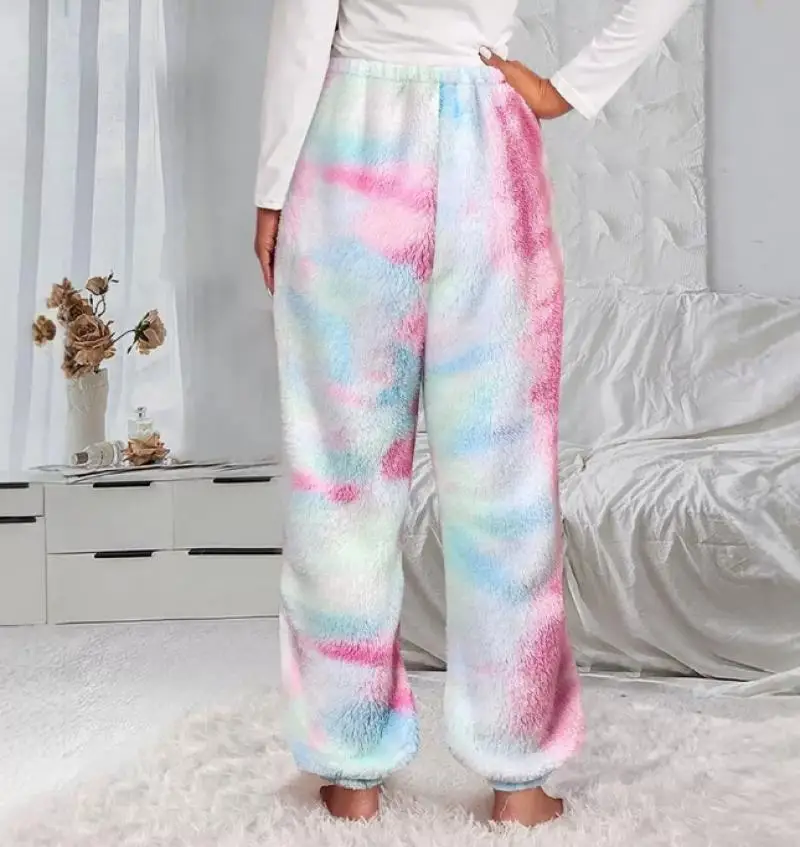 Winter Casual Home Sleepwear Fashion New Coral Fleece Lace Up Tie Dye Double-Sided Home Pants Elegant Temperament Home Pants