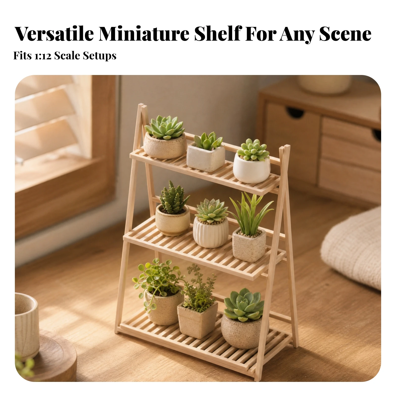 Miniature Ladder Shelf with Three Slatted Shelves Lightweight Dollhouse Plant Shelf Miniature Flower Rack Realistic