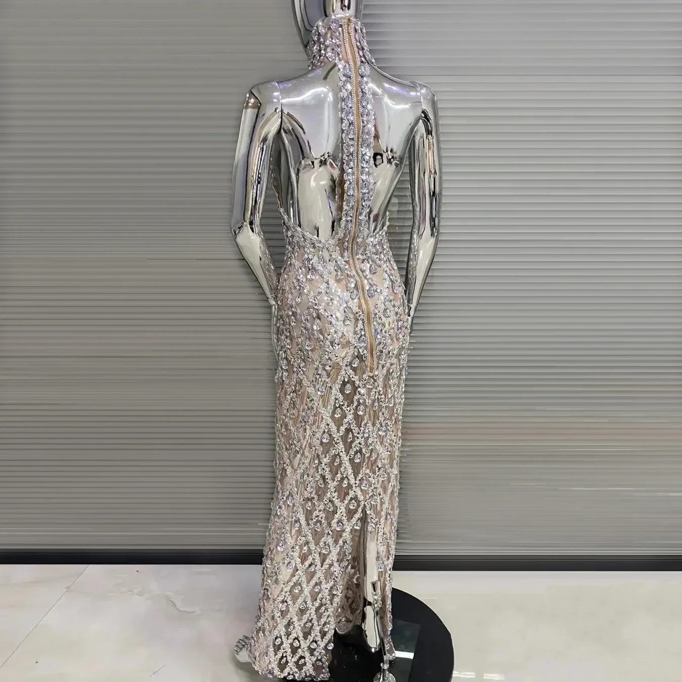 High Quality Flashing Silver Rhinestone Crystals Fringes Transparent Long Birthday Celebrate Evening Party Dress