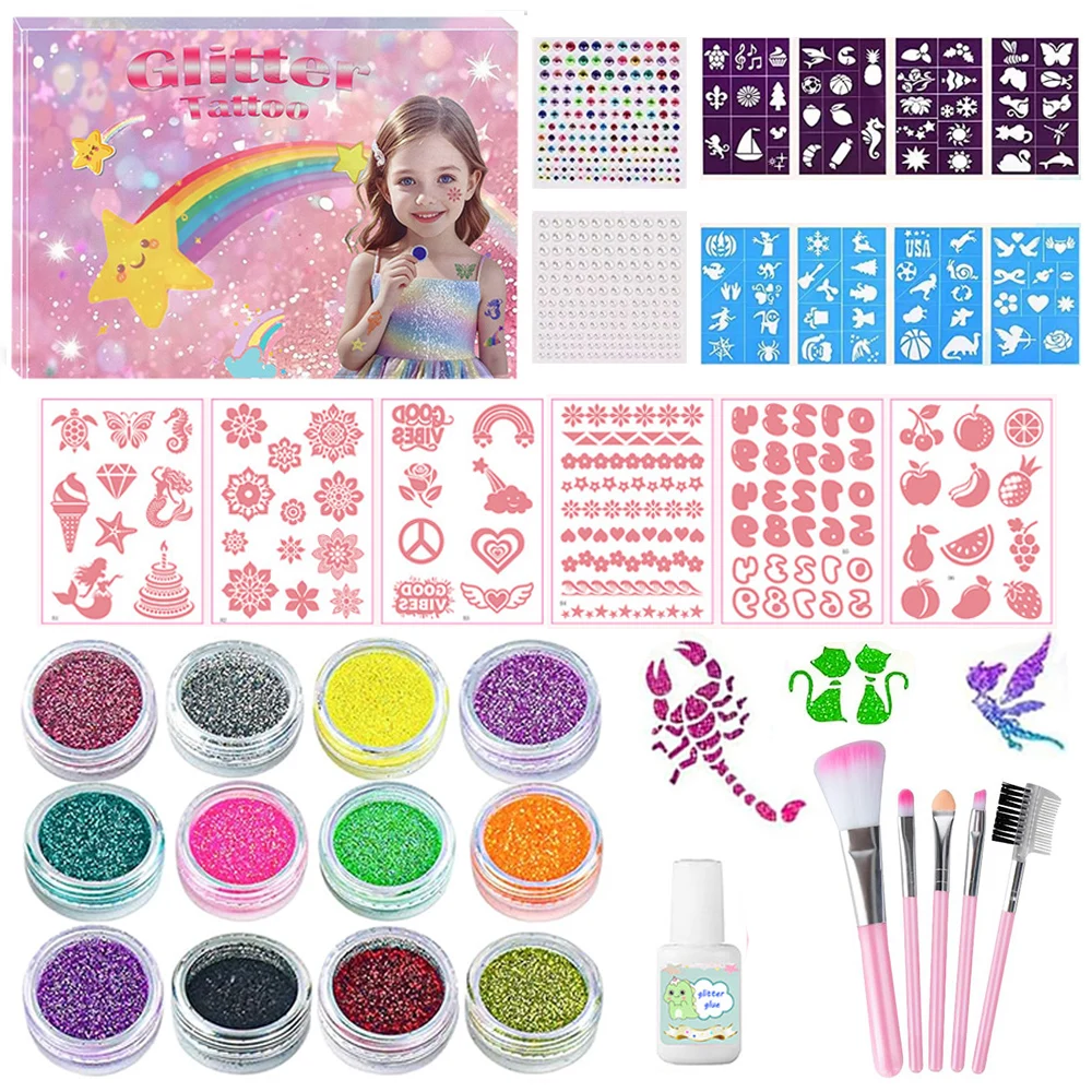 Temporary Glitter Tattoo with Stencils 12 Glitter Colors Adults Arts Glitter Make Up Kit for Birthday Christmas Gifts