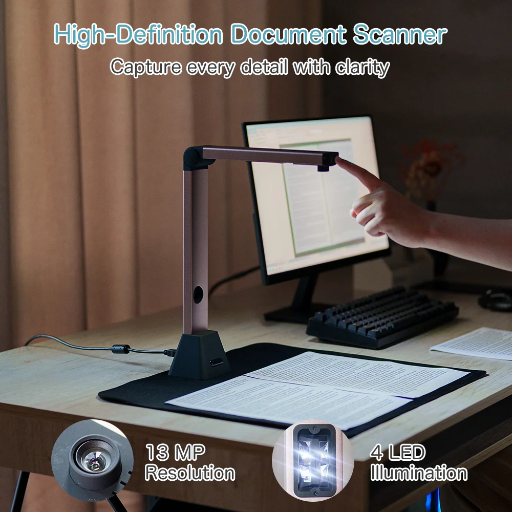 Document Camera Scanner 13-Megapixel A3 A4 High Speed 180 Languages Photo Book Portable USB LED Light Source For Office School