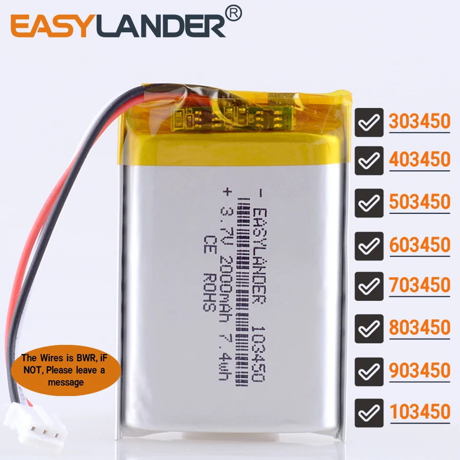 JST 2.0 mm 3pin 3.7V 2000mAh 103450 Lithium Li-ion Polymer Battery Lipo 303450 403450 503450 603450 703450 803450 903450