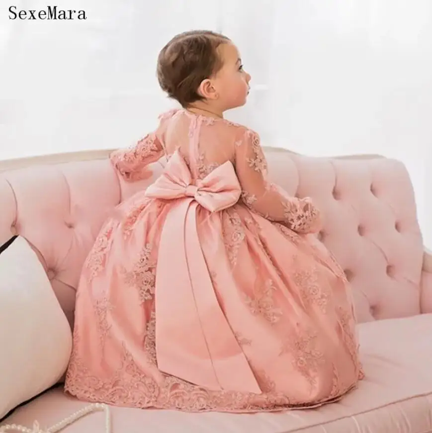 Long Sleeves Flower Girl Dress Lace Applique Big Satin Bow O Neck Kids Cloth Baby Girl Birthday Party Gown Photoshoot