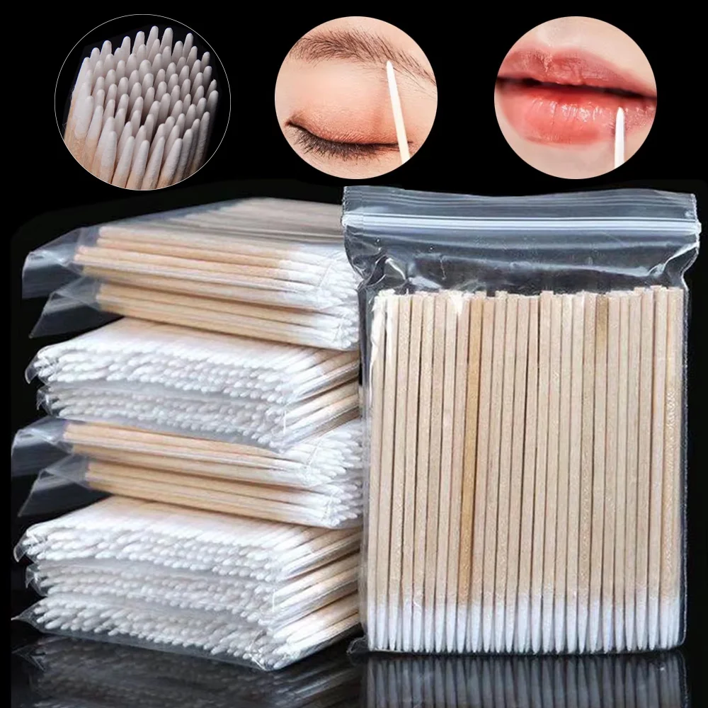 300/200/100PCS Ear Care Clean Wood Handle Pointed Tip Head Cotton Semi Permanent Eyebrow Eyelash Tattoo Thread Makeup Remove