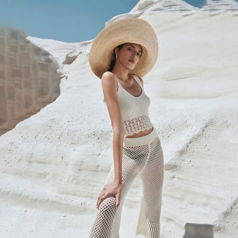 新入荷：官能的なレースアップシアーオーバーサイズノースリーブビーチシャツとカジュアルリゾートパンツ - 日焼け防止セット