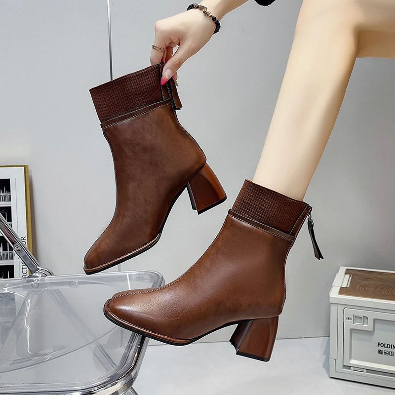 

Thick-heeled, Square-toed, Rear Zipper Waterproof Platform, Versatile, Comfortable, Anti-slip and Breathable Women's Ankle Boots