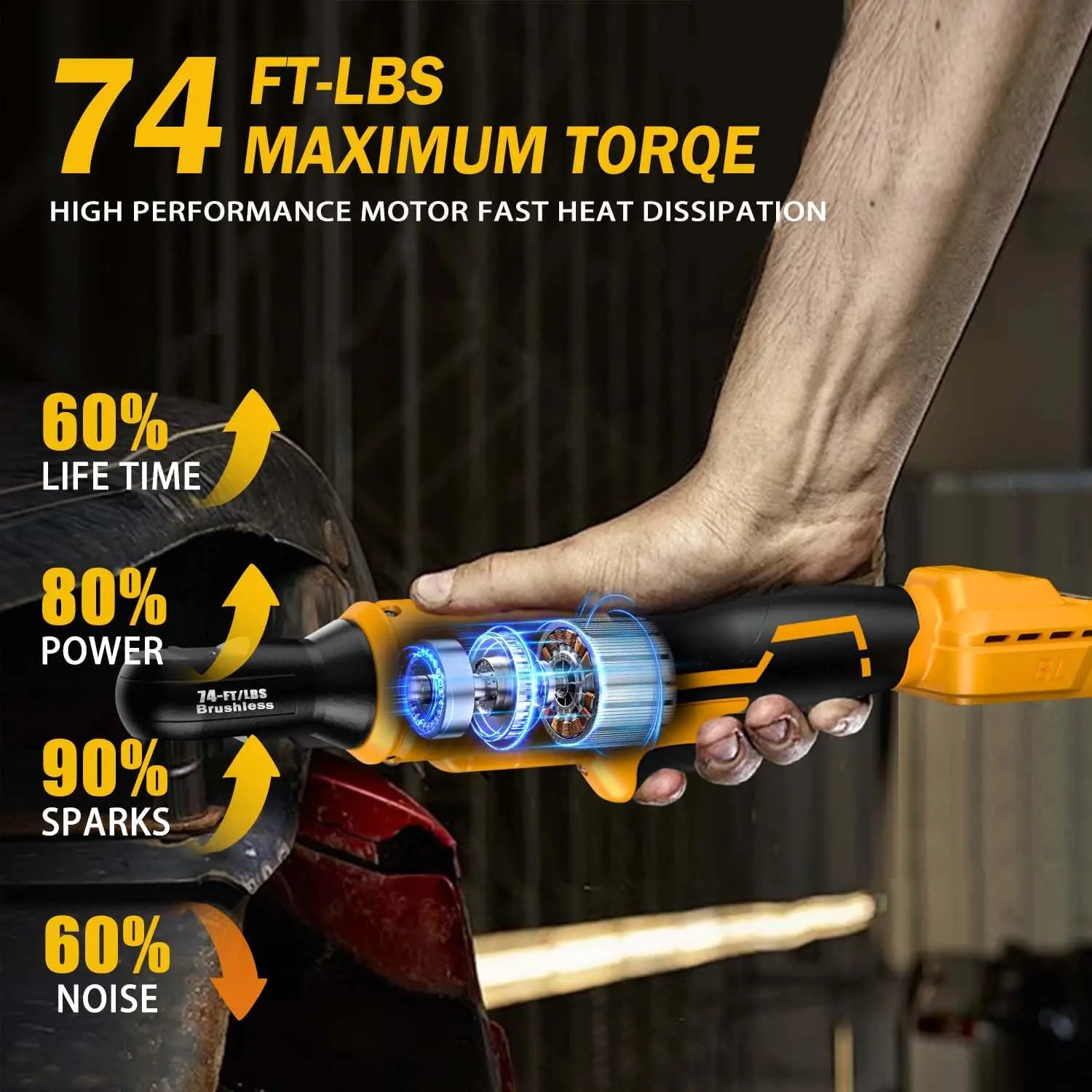 Cordless Ratchet Wrench 74Ft-Lbs Compatible With - 20V Max Battery (No Battery), 3/8-Inch 500 Rpm Brushless Power