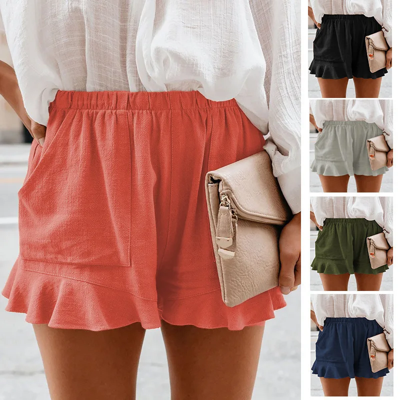 

New summer cotton casual solid color high waist pleated loose straight shorts