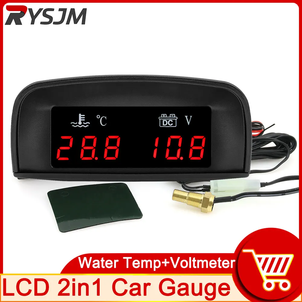 HD Car Water Temperature Clock 12v 24v Auto Car 2in1 LCD Digital Voltmeter Gauge & Water Temp Gauge Temperature Sensor 10mm