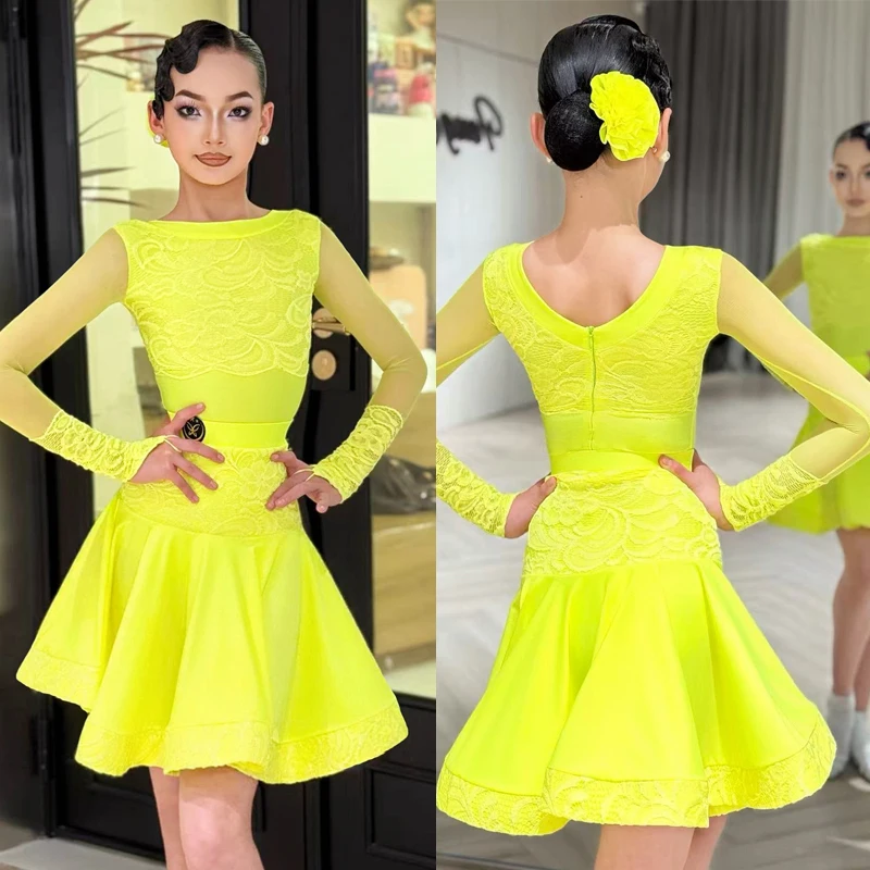 Fluorescent Yellow Ballroom Dance Professional Dress Girls Latin Dance Costume High End Modern Dancing Suits Stage Wear SL15685