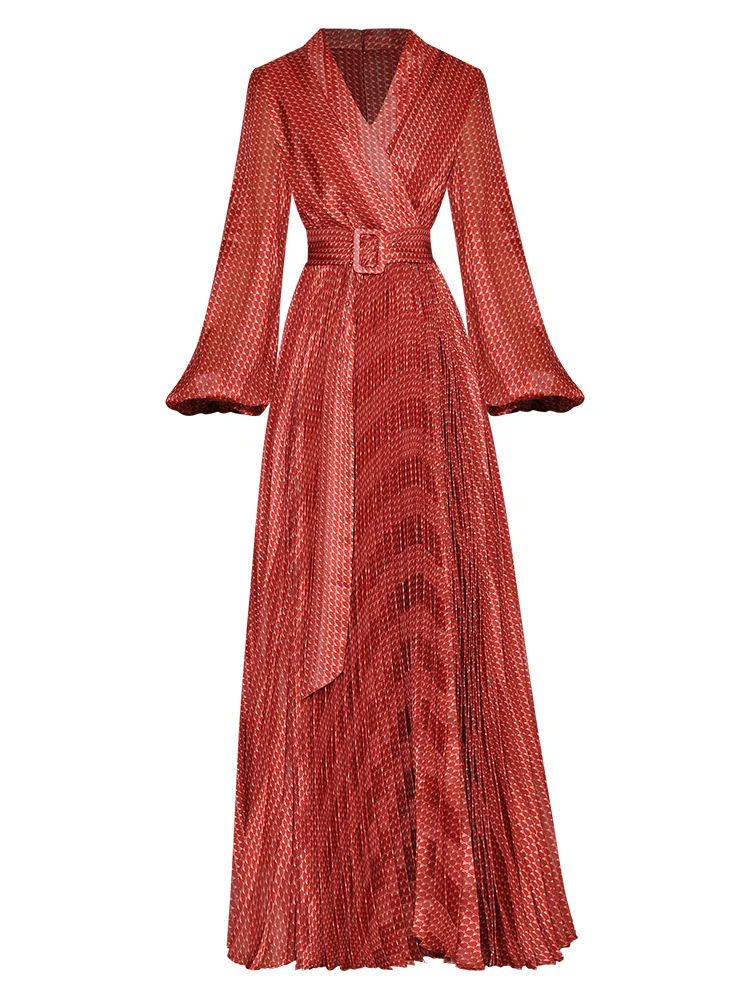 Damen-Chiffon-Kleid 2025, Frühling, kariert, bedruckt, V-Ausschnitt, Schnürung, Krawatte, plissiert, großer Saum, elegante lange Damenkleider