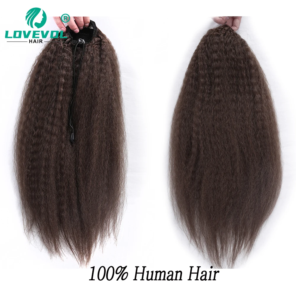 Lovevol-Yaki Straight Ponytail Extensões para as Mulheres, Brasileiro Kinky Cabelo Humano, 2 Clips Drawstring, 100g