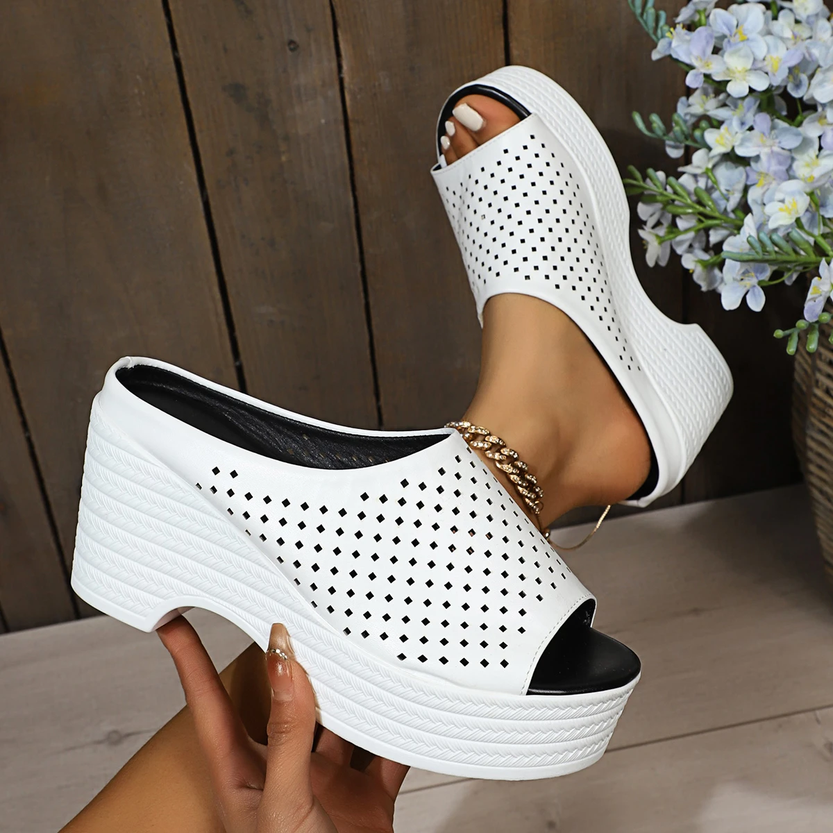 شباشب نسائية موضة منصة إسفين كعب الصنادل الصيف الجوف خارج شبكة النعال في الهواء الطلق صندل شاطئ عادية Sandalias Mujer #2