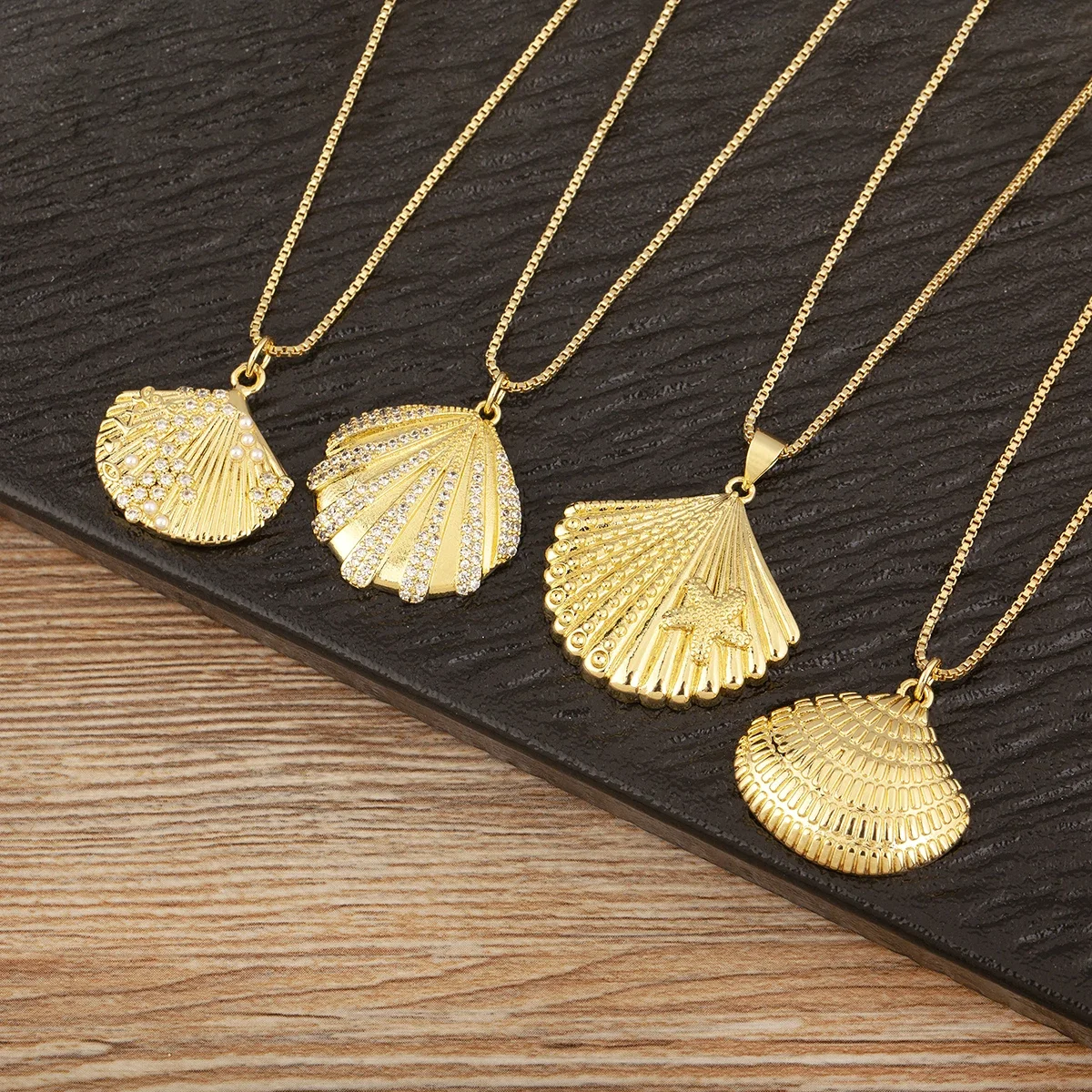 Nidin New Fashion Lucky Shell Shape Inlaid Pearl Crystal Zircon Pendant Necklace For Women Female 4 Styles Choice Jewelry Gifts